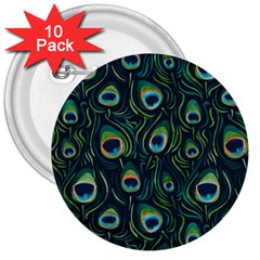 Watercolor Peacock Feather Pattern 3  Buttons (10 Pack)  by ExtraAwesomeSauce