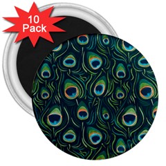 Watercolor Peacock Feather Pattern 3  Magnets (10 Pack)  by ExtraGoodSauce