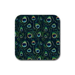 Watercolor Peacock Feather Pattern Rubber Square Coaster (4 Pack)  by ExtraAwesomeSauce