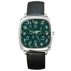 Watercolor Peacock Feather Pattern Square Metal Watch by ExtraAwesomeSauce