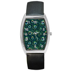 Watercolor Peacock Feather Pattern Barrel Style Metal Watch by ExtraAwesomeSauce