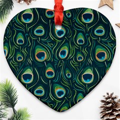 Watercolor Peacock Feather Pattern Heart Ornament (two Sides) by ExtraGoodSauce