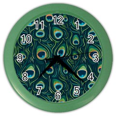 Watercolor Peacock Feather Pattern Color Wall Clock by ExtraAwesomeSauce