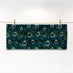 Watercolor Peacock Feather Pattern Hand Towel by ExtraGoodSauce