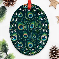 Watercolor Peacock Feather Pattern Oval Filigree Ornament (two Sides) by ExtraGoodSauce