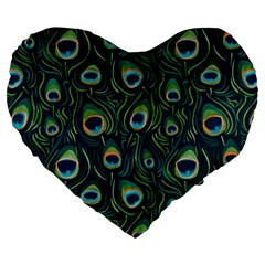 Watercolor Peacock Feather Pattern Large 19  Premium Heart Shape Cushions by ExtraGoodSauce