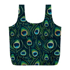 Watercolor Peacock Feather Pattern Full Print Recycle Bag (l) by ExtraGoodSauce