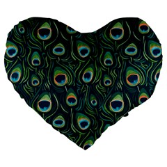 Watercolor Peacock Feather Pattern Large 19  Premium Flano Heart Shape Cushions by ExtraAwesomeSauce