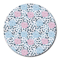 Cute Light Pink And Blue Modern Rose Pattern Round Mousepads