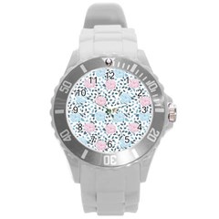 Cute Light Pink And Blue Modern Rose Pattern Round Plastic Sport Watch (l) by Grafftimi