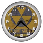 Fallout Shelter In Basement Radiation Sign Wall Clock (Silver) Front