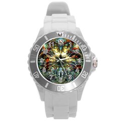 Multicolor Floral Art Copper Patina  Round Plastic Sport Watch (L)