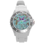 Retro Hippie Abstract Floral Blue Violet Round Plastic Sport Watch (L) Front