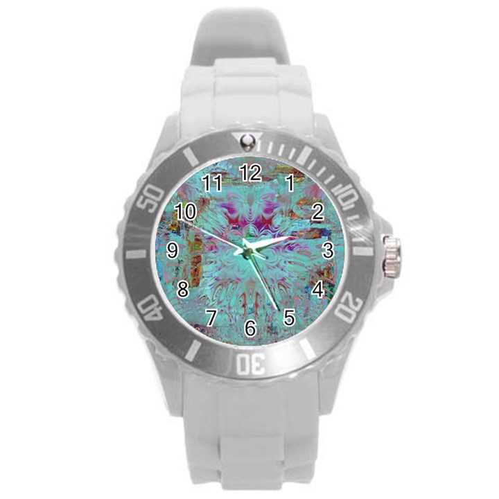 Retro Hippie Abstract Floral Blue Violet Round Plastic Sport Watch (L)