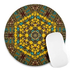 Mandala Faux Artificial Leather Among Spring Flowers Round Mousepads by pepitasart