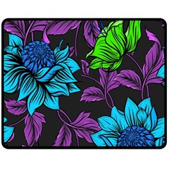 Neon Tropical Floral Turquoise Double Sided Fleece Blanket (medium) by retrotoomoderndesigns