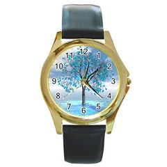 Crystal Blue Tree Round Gold Metal Watch by icarusismartdesigns