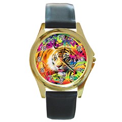 Tiger In The Jungle Round Gold Metal Watch