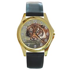 Swimming Tiger Round Gold Metal Watch by ExtraGoodSauce