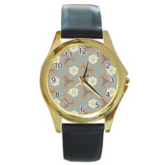 Flowers Leaves  Floristic Pattern Round Gold Metal Watch by SychEva