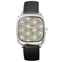 Flowers Leaves  Floristic Pattern Square Metal Watch by SychEva