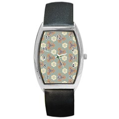 Flowers Leaves  Floristic Pattern Barrel Style Metal Watch by SychEva