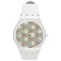 Flowers Leaves  Floristic Pattern Round Plastic Sport Watch (m) by SychEva