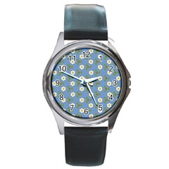 Flowers Leaves  Floristic Pattern Round Metal Watch by SychEva