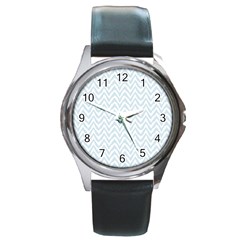 Chevrons Bleu Clair/blanc Round Metal Watch by kcreatif