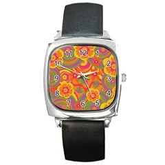 Geometric Floral Pattern Square Metal Watch by designsbymallika