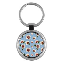 Delicate Hibiscus Flowers On A Blue Background Key Chain (round) by SychEva