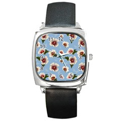 Delicate Hibiscus Flowers On A Blue Background Square Metal Watch by SychEva