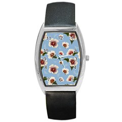 Delicate Hibiscus Flowers On A Blue Background Barrel Style Metal Watch by SychEva