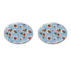 Delicate Hibiscus Flowers On A Blue Background Cufflinks (oval) by SychEva