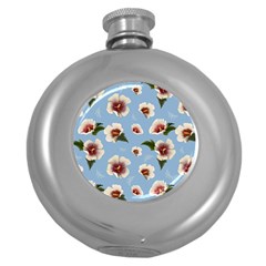 Delicate Hibiscus Flowers On A Blue Background Round Hip Flask (5 Oz) by SychEva