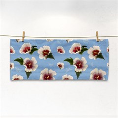 Delicate Hibiscus Flowers On A Blue Background Hand Towel by SychEva