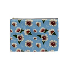 Delicate Hibiscus Flowers On A Blue Background Cosmetic Bag (medium) by SychEva