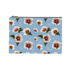 Delicate Hibiscus Flowers On A Blue Background Cosmetic Bag (large) by SychEva