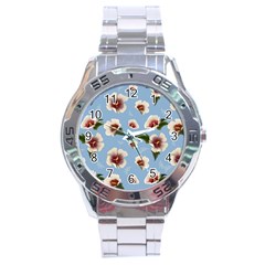 Delicate Hibiscus Flowers On A Blue Background Stainless Steel Analogue Watch by SychEva