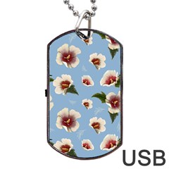 Delicate Hibiscus Flowers On A Blue Background Dog Tag Usb Flash (one Side)