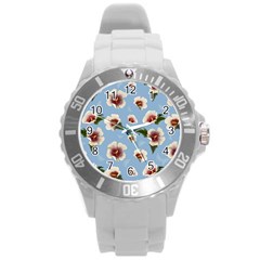 Delicate Hibiscus Flowers On A Blue Background Round Plastic Sport Watch (l) by SychEva