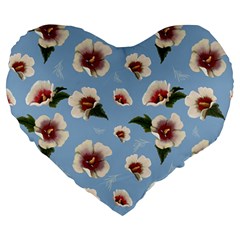 Delicate Hibiscus Flowers On A Blue Background Large 19  Premium Heart Shape Cushions by SychEva