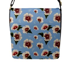 Delicate Hibiscus Flowers On A Blue Background Flap Closure Messenger Bag (l) by SychEva