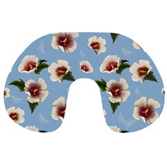 Delicate Hibiscus Flowers On A Blue Background Travel Neck Pillow by SychEva