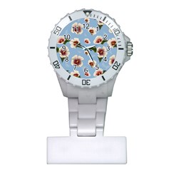 Delicate Hibiscus Flowers On A Blue Background Plastic Nurses Watch by SychEva