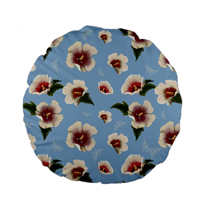 delicate hibiscus flowers on a blue background Standard 15  Premium Flano Round Cushions