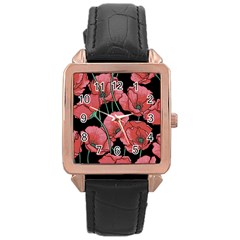 Poppy Flowers Rose Gold Leather Watch  by goljakoff