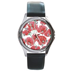 Red Poppy Flowers Round Metal Watch by goljakoff