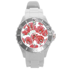 Red Poppy Flowers Round Plastic Sport Watch (l) by goljakoff