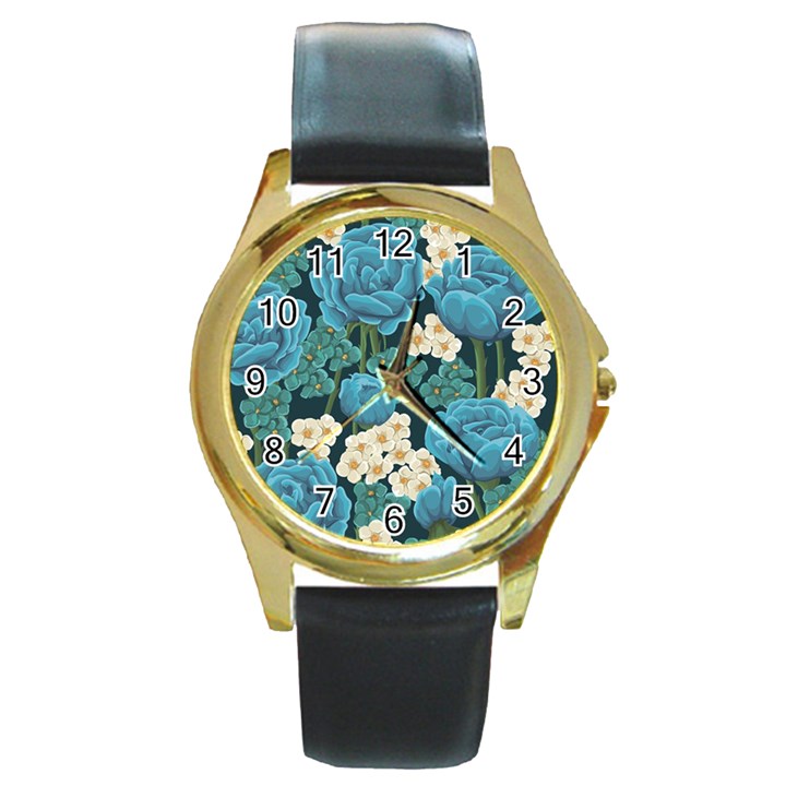 Blue flowers Round Gold Metal Watch